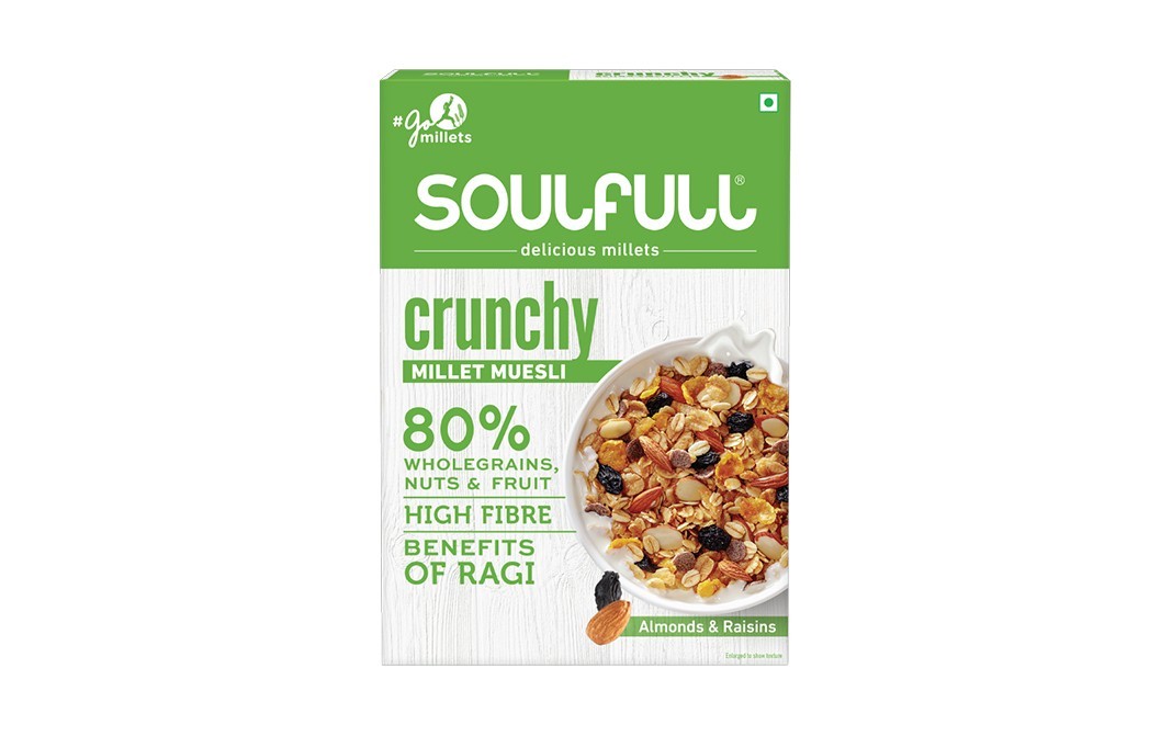 Soulfull Crunchy Millet Muesli Whole Grains Nuts & Fruit Almonds & Raisins   Box  400 grams
